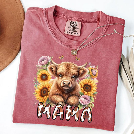 Comfort Colors Higland Cow Mama T-Shirt, Western Mama Short, Cowhide Mama Tee