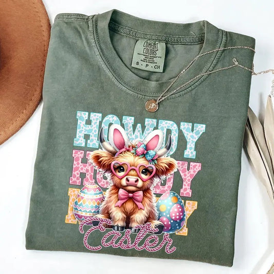 Comfort Colors Howdy Easter Shirt, Western Easter Bunny Ears Shirt, Cute Highland Cow Easter T-Shirt