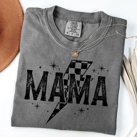Comfort Colors Retro Mama Lightning Bold Shirt, Checkered Mama Shirt, Vintage Mama T-Shirt, Checkered Lightning Bold Tee, Gift For Mom