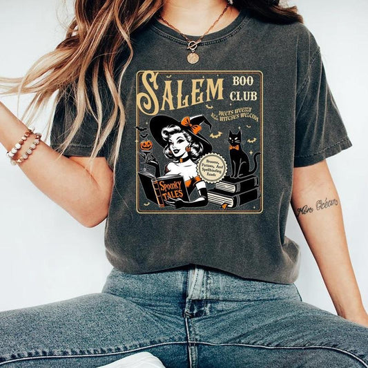 Comfort Colors Retro Salem Book Club Shirt, Bookish Halloween Tee, Black Cat Book Lover Shirt, Salem Witches, Spooky Season Fall Bookish
