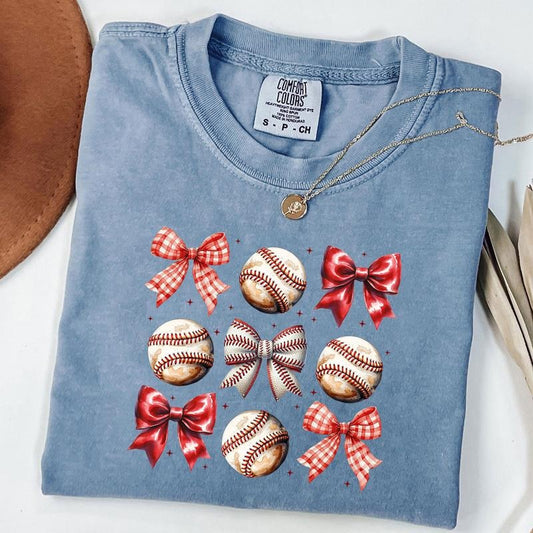 Comfort Colors Vintage Baseball Bow Shirt, Bow Baseball Shirt, Coquette Baseball T-Shirt, Game Day Tee, Sport Mom Gift