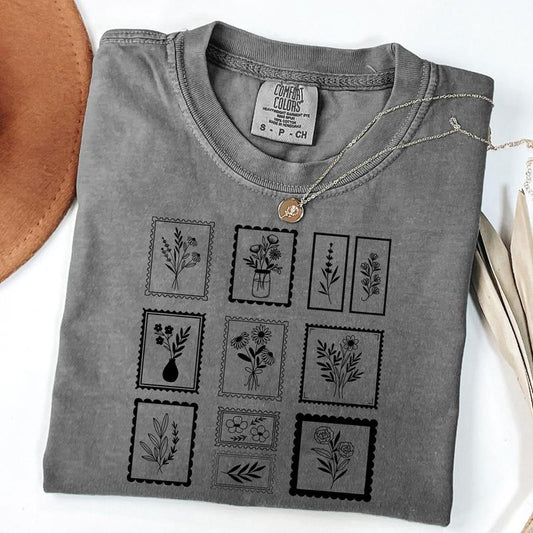 Comfort Colors Whimsical Flower Postage Stamps Shirt, Vintage Floral Stamps T-Shirt, Boho Flower Tee