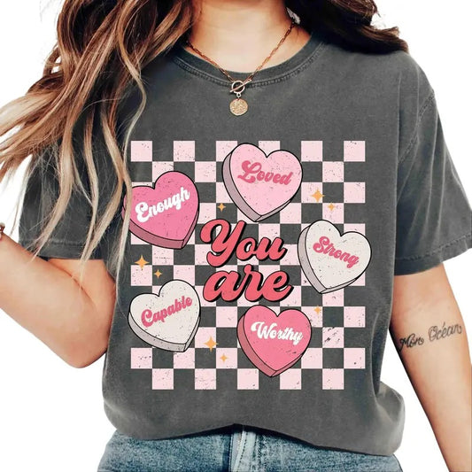 Comfort Colors You Are Enough Valentine Shirt, Retro Checkered Valentine T-shirt, Self Love Valentine Shirt, Valentines Heart T-shirt