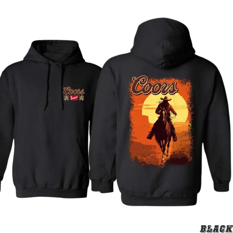 Coors Banquet Cowboy Hoodie - Bold Sunset Design with Iconic Western Rider for Men - Sweaters, Menswear