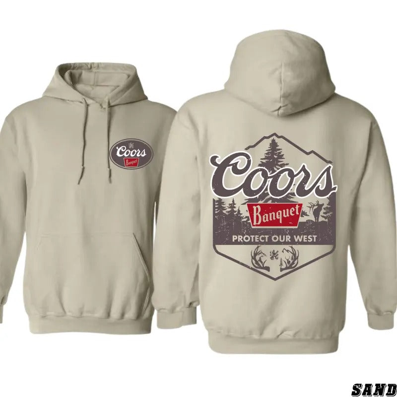 Coors Hoodie - Banquet Protect Our West with Deer Antlers and Forest Graphic, Perfect for Outdoor Enthusiasts and Coors Fans, Hoodie for Men and Women