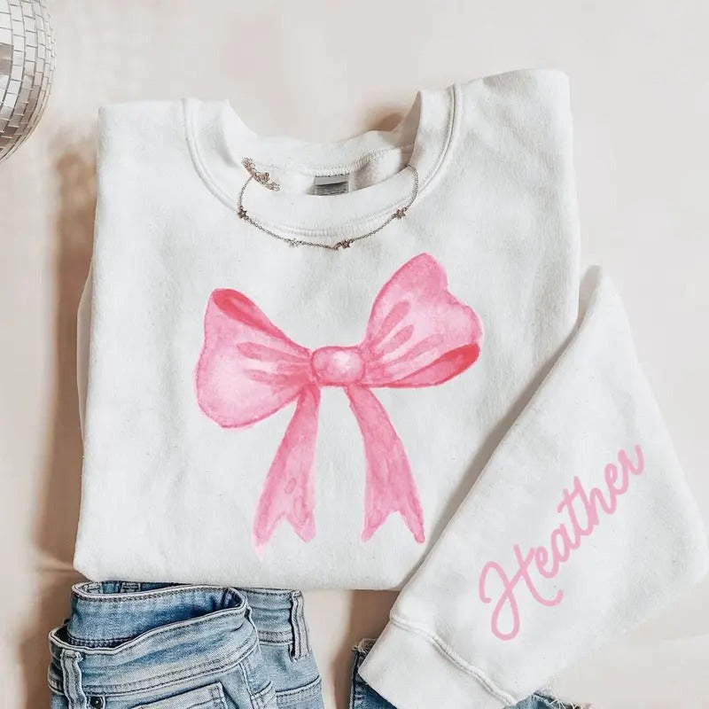 Coquette Aesthetic Pink Bow Valentine's Day Sweatshirt, Personalized Trendy Crewneck for Women, Chic Custom Gift for Her or Daughter