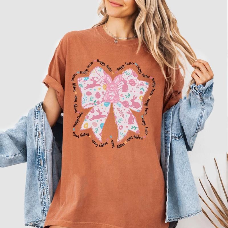 Coquette Easter Bow Shirt, Cute Pink Bunny Spring Tee, Pastel Easter Outfit for Women, Girly Easter Graphic Shirt