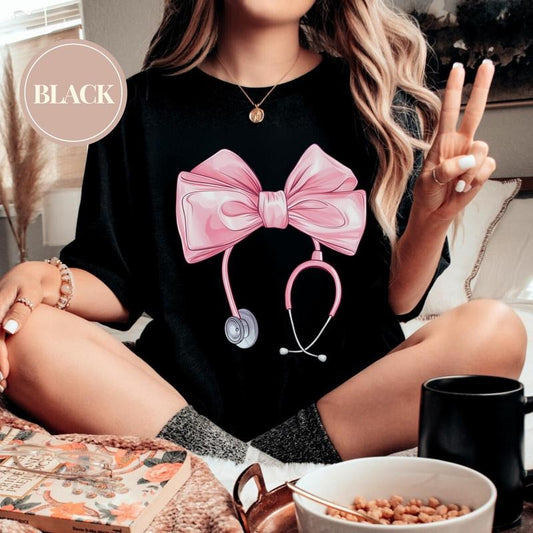 Coquette Nurse Stethoscope Bow Shirt, Coquette Bow Nurse Sweatshirt, Nurse Christmas Shirt, Soft Girl Nurse Gift, Pink Bow