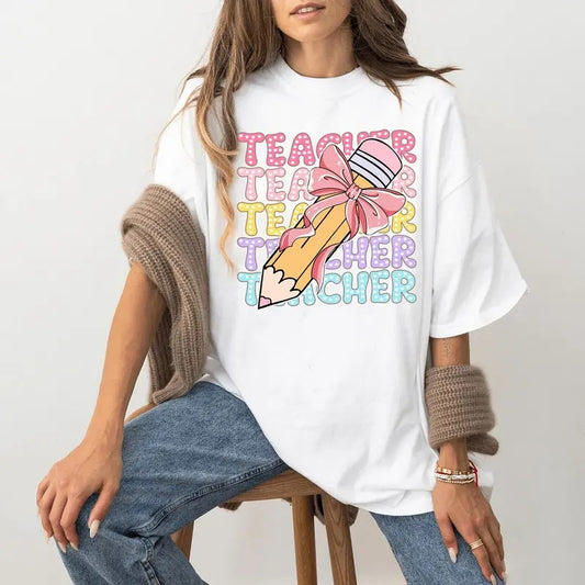 Coquette Teacher Shirt, Pencil Coquette Bow Shirt, Teacher T-shirt, Dalmatian Dots Teacher Tee, Bright Doodle School Shirt for Women, Back To School, Unisex Shirt Full Size, Full Color, Gift For Friend