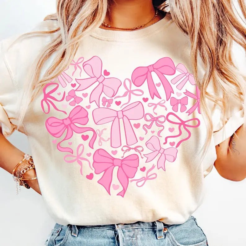 Coquette Valentine Heart Tshirt, Valentines day Shirt, Valentine Bow Tee Top Womenswear Streetwear Summer Casual
