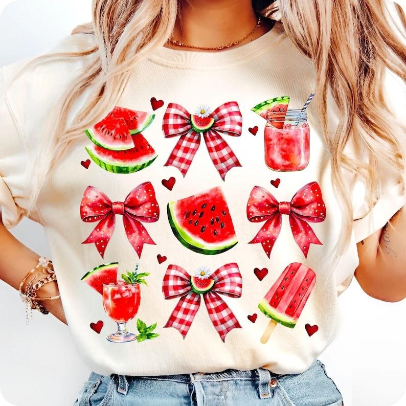Coquette Watermelon Bow Preppy Mama Summer Glitter Cute Floral Watermelon Clipart Girly Cottage T-Shirt