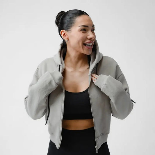 Women's Cropped Skull Hoodie - Premium Polyester/Cotton Blend - Gym Pump Cover - Slate