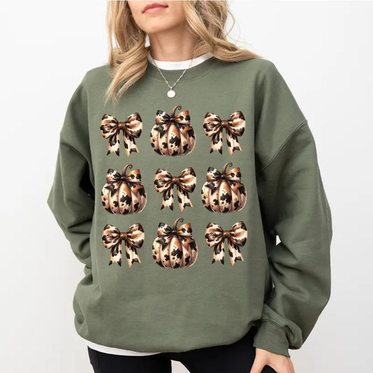 Cowhide Coquette Autumn Sweatshirt, Cowhide Coquette Pumpkin Sweater, Fall Season Apparel, Coquette Western Fall Crewneck, Autumn Outfits, Autumn Vibes Long Sleeve Pullover, Gift For Her, Women's Top, Womenswear, Soft Cozy Fabric Sweatshirt