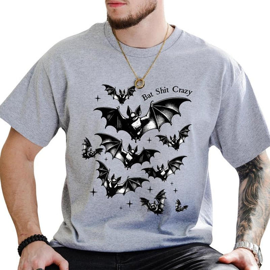 Crazy Bat Shirt, Gothic Bat Graphic Printed Tee, Vintage Gothic Vampire Bats Shirt, Spooky Vibes T-shirt, Halloween T-shirt, Retro Bat Halloween Tee, Vintage 90s Style Bat Shirt, Comfy Fabric Graphic Tee, Men's Top, Menswear, Comfy Fabric Relaxed Tee