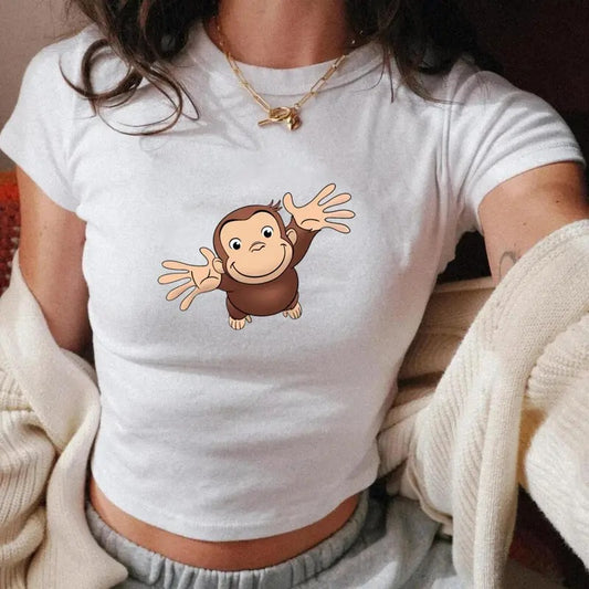 Curious George Looking Up Baby Tee, Vintage Y2K Cartoons, 90s Style Baby Tee, Comics, Soft Girl, Nostalgia, 100% Cotton Graphic Tee