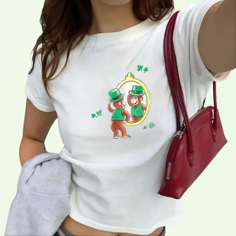 Curious George Monkey St Patrick's Day Baby Tee, Lucky Girl Clover Trendy Tee, Cute Green Irish Top, Retro Y2K Vintage Graphic 90s Baby Tee
