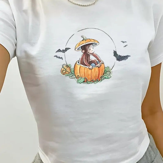Curious George Pumpkin Baby Tee, Halloween Vintage Retro Graphic Tee, Y2k, 90s Clothing, Pinterest Aesthetic, 100% Cotton Graphic Tee