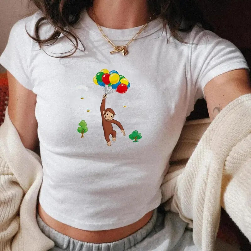 Curious George with Balloons Baby Tee, Vintage Y2K Cartoons, 90s Style Baby Tee, Comics, Soft Girl, Nostalgia, 100% Cotton Graphic Tee