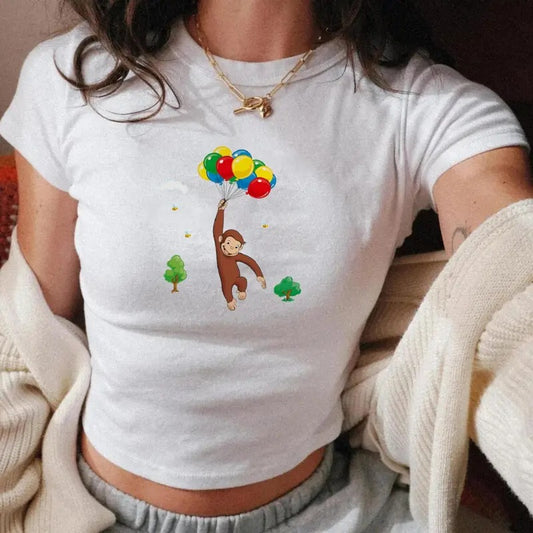 Curious George with Balloons Baby Tee, Vintage Y2K Cartoons, 90s Style Baby Tee, Comics, Soft Girl, Nostalgia, 100% Cotton Graphic Tee