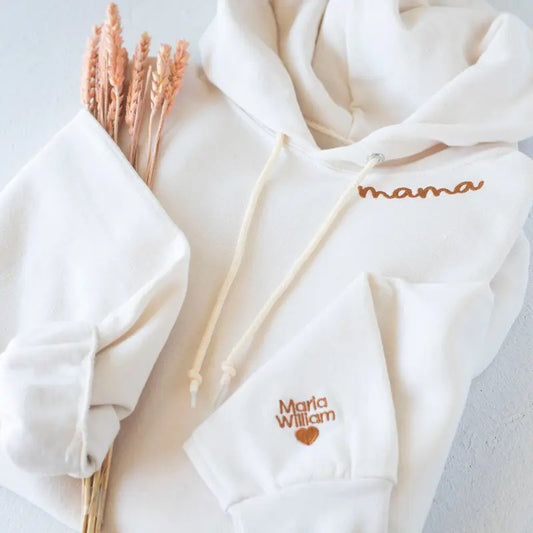 Custom Collar and Sleeve Embroidered Hoodie, Embroidered Mom mama Grandmother Hoodie with Kids Names Kids Names, Personalized Embroidered