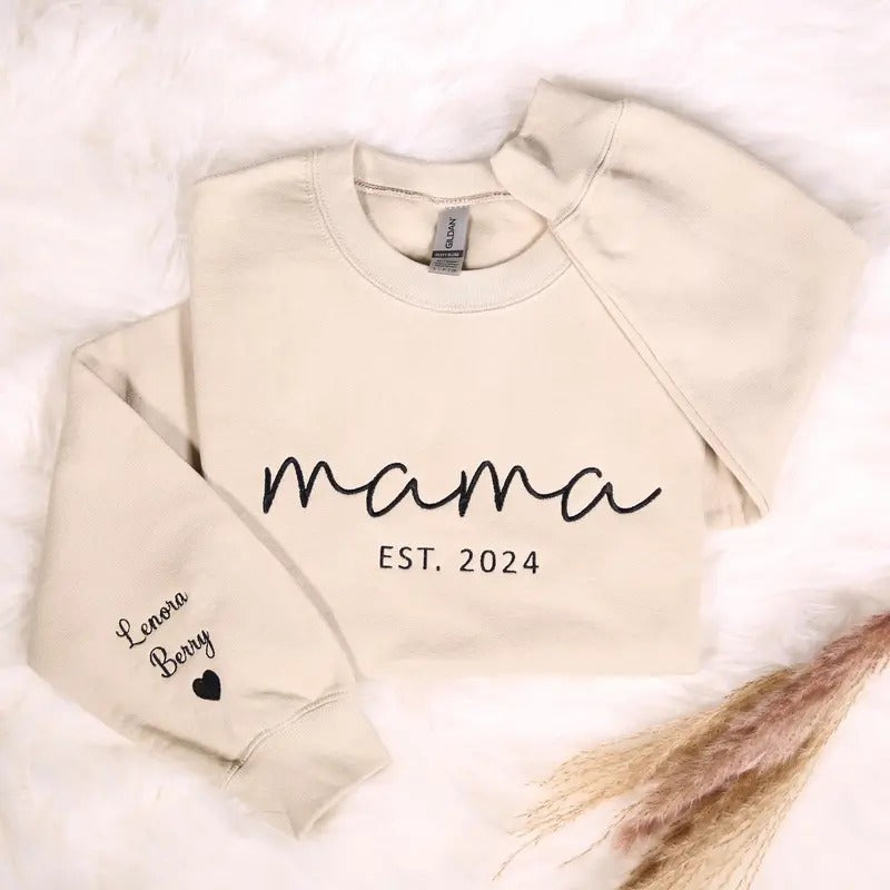 Custom Embroidered Mama Sweatshirt With Kids Names On Sleeve, Personalized Mom Embroidery Sweatshirt , Birthday Outfits Crewneck