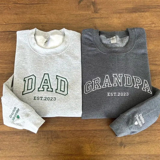 Custom Embroidered Sweatshirt, Name On Sleeve With Heart Hoodie, Grandpa Shirt With Date, Daddy Est Year Shirt, Gift For New Dad, Father's Day Gift For Grandpa