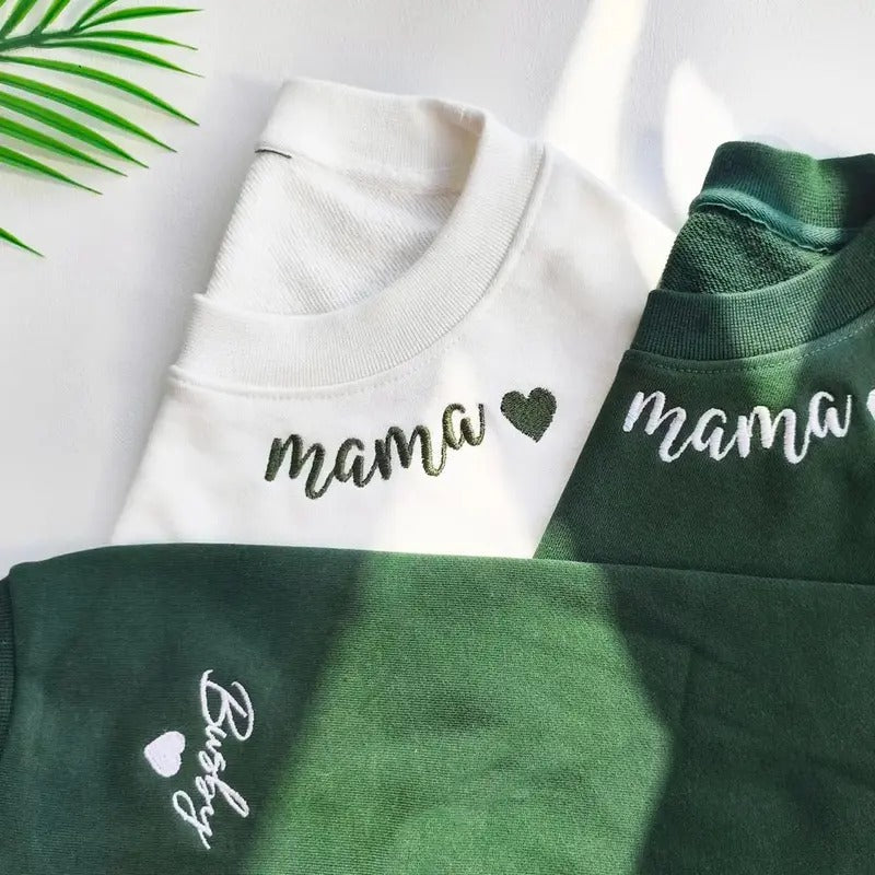 Custom Mama Embroidered Sweatshirt, Mom Shirt, Custom Mama Crewneck With Kids Names, Heart On Sleeve, Gift For New Mom, Mother's Day Gift