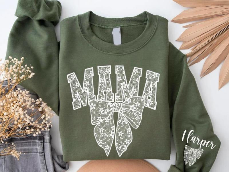 Custom Mama Sweatshirt With Kid Name On Sleeve, Personalized Mom Shirt, Minimalist Momma Hoodie, Gift For Mom, Coquette Mama Sweater