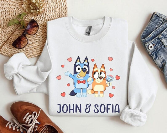 Custom Name Bluey Dog and Bingo Valentine Day Sweatshirt, Bluey Happy Valentine Hoodie, Valentine Love Hoodie, Valentine Day Hoodie, Bluey Bingo Shirts