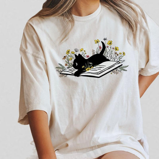 Cute Book Cat Shirt, Cat Mom Shirt, Cat Lover Tee, Floral Book Shirt, Book Lover Tee, Reader Bookish Tee, Cat Themed Gifts For Women, Bookworm Shirt, Book Cat Lover Shirt, Bookish Shirt, Women Top