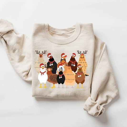 Cute Christmas Chickens Sweatshirt, Christmas Farm Animal Sweatshirt, Chickens Lover Sweater, Funny Holiday Sweater, Christmas Chickens Gift Hoodie and Sweater; T-shirt Cotton Menswear