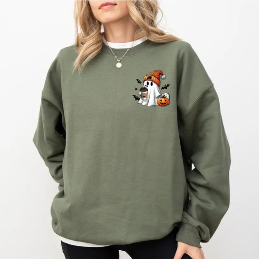 Cute Coffee Ghost Sweatshirt, Little Pumpkin Ghost Coffee Crewneck for Women, Spooky Season Sweatshirt for Girls, Halloween Ghost Sweater, Coffee Lover Gift, Fall Autumn Casual Womenswear, Comfy Cotton Long Sleeve Pullover, Unhighed Fit Chic Women's Tops