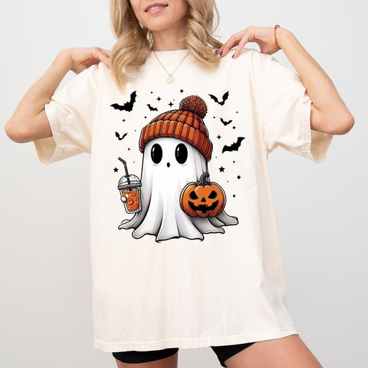 Cute Ghost Coffee Shirt, Ghost Drinking Ice Coffee T-shirt, Halloween Ghost Tshirt, Fall Autumn Shirt for Girl, Coffee Lover Gift Shirt, Spooky Season Tee, Oversized Womenswear, Comfy Cotton Fabric Graphic Tee, Casual Women's Tops, Relaxed Fit Chic Style