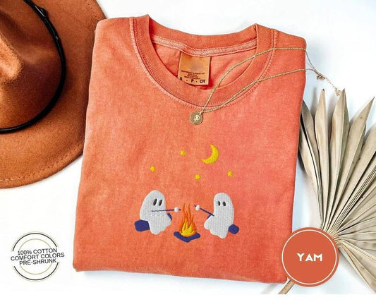 Cute Ghosts Camping Embroidered Shirt, Spooky Season Outdoors Shirt, Halloween Vintage Embroidery Tshirt, Summerween T-Shirt, Hoodies Women