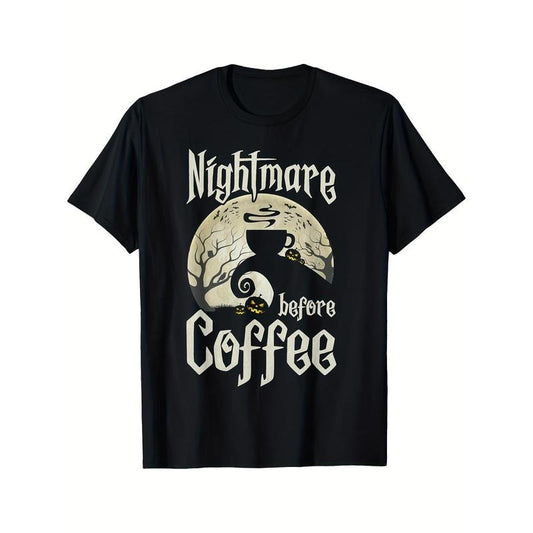 Cute Nightmares Before Coffee Halloween Funny Mugs Printed T-shirt Comfortable Breathable, Soft, Casual Short Sleeve, Daily Wear, All Season, Black Men Made in USA