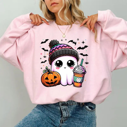 Cute Pumpkin Ghost Coffee Sweatshirt, Ghost Drinking Ice Coffee Crewneck, Halloween Ghost Sweater, Fall Autumn Sweatshirt for Girls, Coffee Lover Gift, Spooky Season Sweater, Cute Women's Tops, Fall Casual Womenswear, Comfort Cotton Fabric Relaxed Top