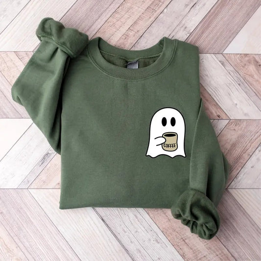 Cute Spooky Coffee Sweatshirt, Womens Ghost Sweatshirt, Spooky Season, Fall Coffee Lover Shirt, Halloween Party Shirt, Fall Graphic Shirt fall sweatshirt, halloween gift, halloween hoodie, halloween party, halloween shirt, halloween sweatshirt,