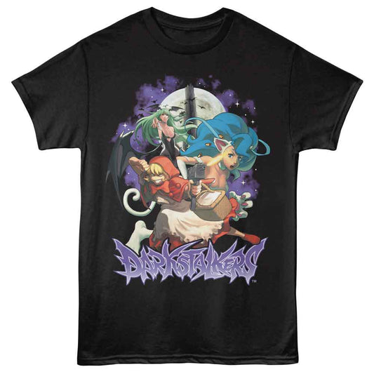 Darkstalkers - Tower And Moon Background - American Classics - Black Solid Adult Short Sleeve T-Shirt