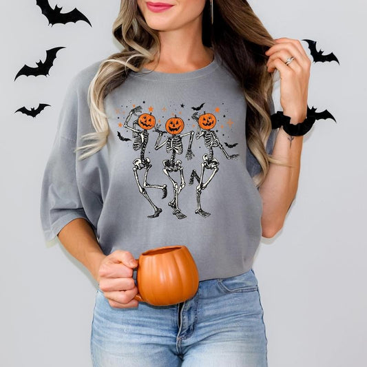 Dancing Skeleton Pumpkin Shirt, Retro Halloween Women's Shirt, Funny Fall Halloween Party Shirt, Spooky Season Skeleton Teestyle{n002}2