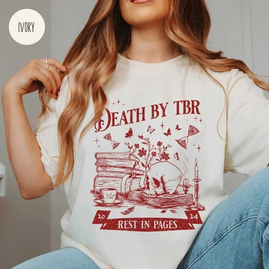 Death by TBR Comfort Color Shirt for Book Lover Vintage Reading Shirt for Bibliophiles Oversized Bookish Merch Bookworm Gift for Book Addict