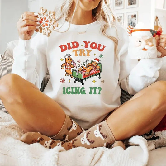 Did You Try Icing It Shirt, School Nurse Christmas Sweater, Funny Cookies Xmas, Emergency Christmas Shirt, PICU ICU Nurse Christmas Tee, Full Size, Full Color