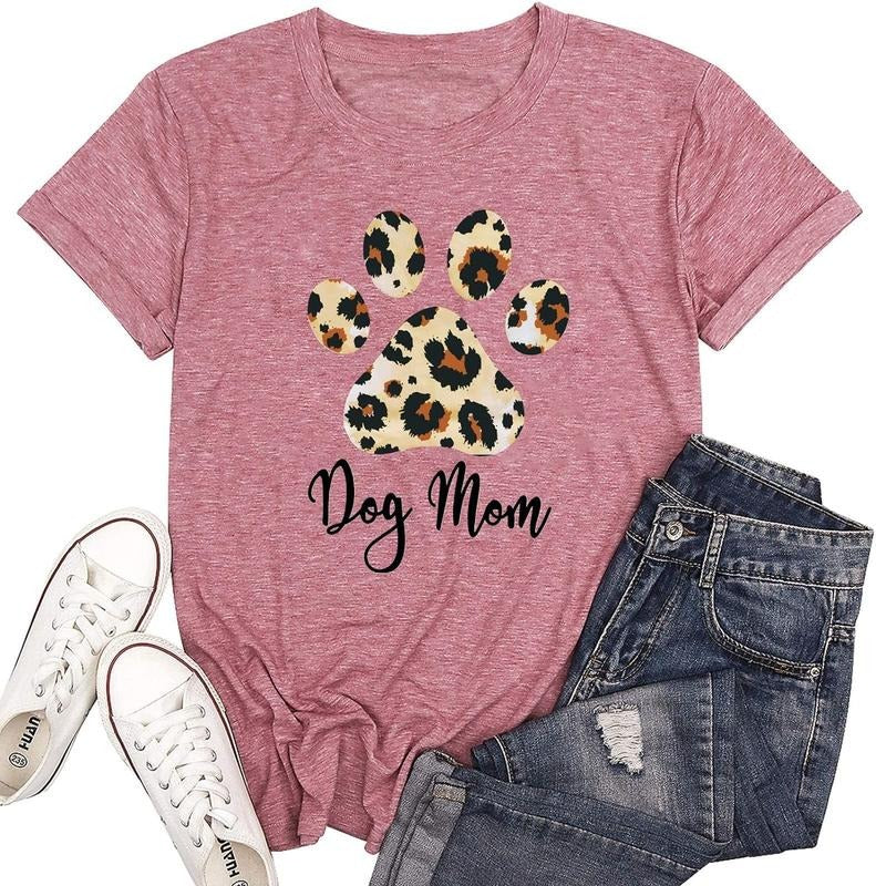 Dog Mom T-Shirt Women Funny Leopard Print Dog Mama T-Shirt Cute Graphic T-Shirt Dog Lover Letter Print  T-Shirt Comfort Top