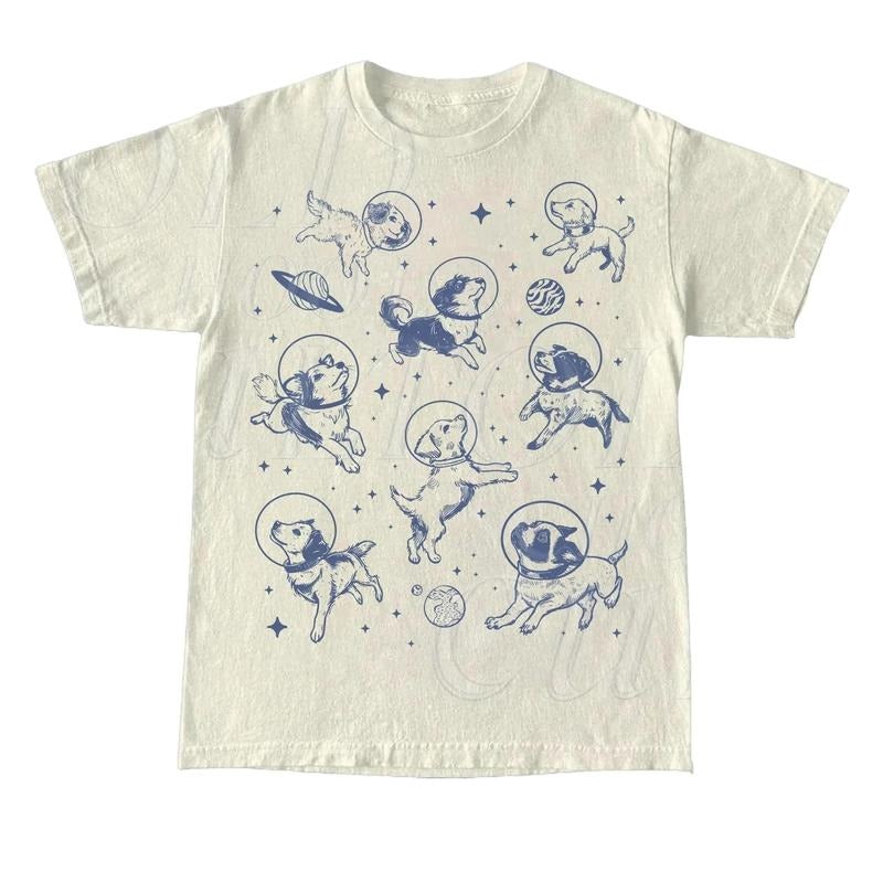 Dogs In Space Retro T-Shirt, Funny Galaxy Graphic T-shirt, Dog Moon 90s Shirt, Vintage Animal Gag Unisex Tee, Dog Lovers Gifts