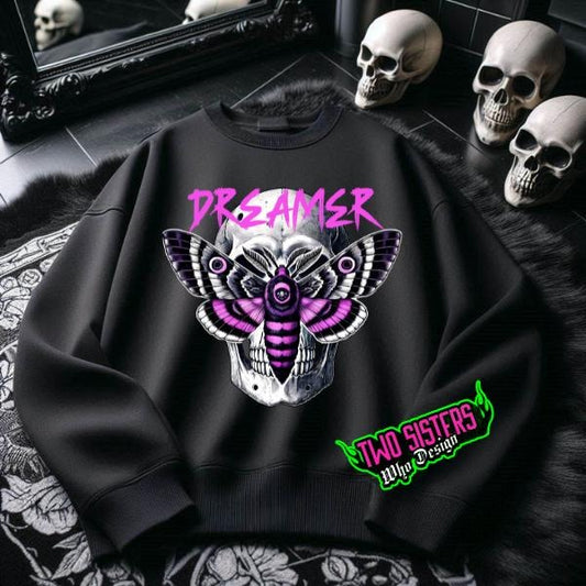 Dreamer Mothman with Skull -  Black Crewneck Sweatshirt, T Shirt, or Hoodie Pullover | Punk, Alt, Grunge, Goth, Skeleton Style