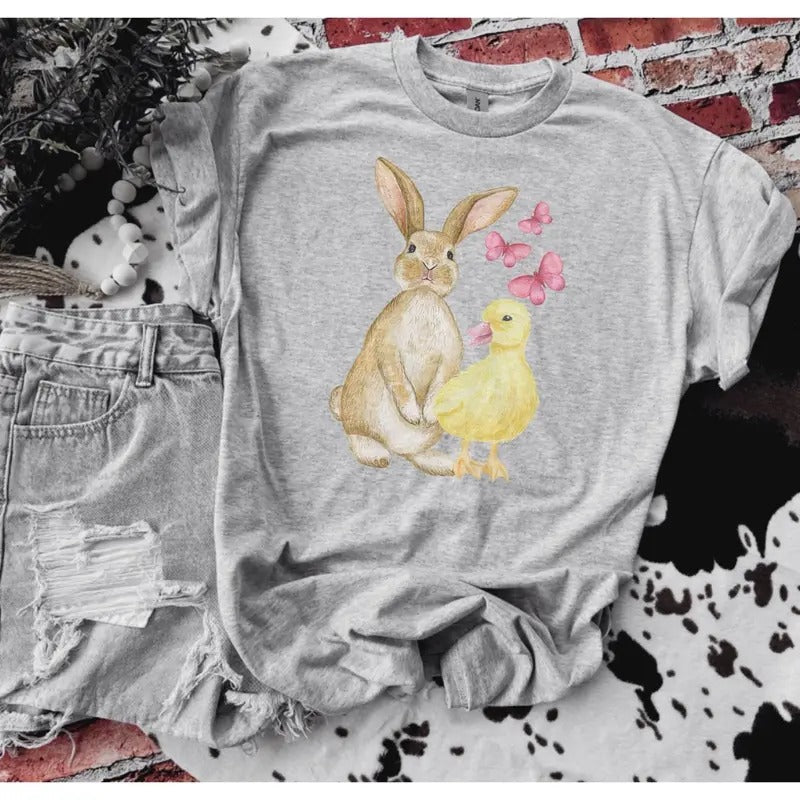 Easter Bunny and Duckie Bleached Shirt -  Comfy Unisex Jersey Shirt - Bleached Graphic Tee Design, Random Bleaching, True-to-Size Fit, 35% Cotton 65% Poly - Fabric