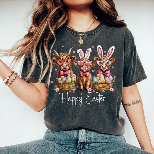 Easter Highland Cow Shirt, Cute Bunny Ears Cow Tee, Happy Easter Sweatshirt for Women, Spring Farm Animal Graphic Shirt