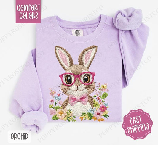 Embroidered Bunny Comfort Colors Sweatshirt, Easter Women's Crewneck, Cute Women's Sweater