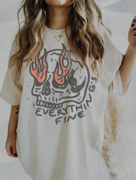 Everything Is Fine Vintage T-ShirtTrendy Graphic T-Shirt Skull Rebel Rock n Roll Grunge Edgy Outfit Boho Hippie, Unisex T-Shirt, For Men Women Comfort Top
