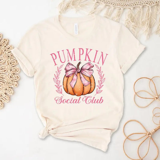 Fall Pumpkin Spice Social Club Shirt, Retro Fall Vibes Tee, Halloween Shirt, Fall Season Shirt, Fall Pumpkin Coquette Bow Sweater, Autumn Tee