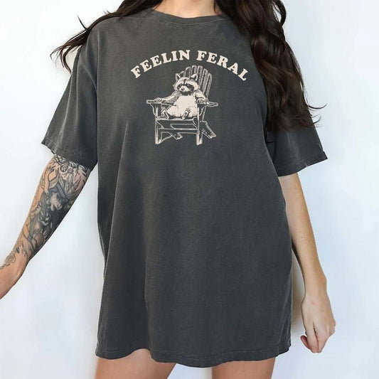 Feelin Feral Unisex Vintage Shirt, Retro Raccoon Graphic Tee Women, Raccoon Shirts For Women, Funny Opossum Shirts, Raccoon Meme Tee, Feral Trash Panda T-Shirt, Animal Lover Shirts, Womenswear, Women's Tops, Cotton Fabric Relaxed Fit Chic Style